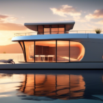 Create an image of a futuristic houseboat design that incorporates the latest trends in sustainability and modern architecture. The houseboat should have s