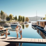 A picturesque scene depicting a serene marina filled with various styles and sizes of houseboats, each uniquely designed. The setting is a calm, sunny day