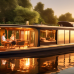 A serene scene of a luxurious houseboat gently floating on a tranquil river, surrounded by lush greenery and calm waters. The sunset casts a warm, golden h