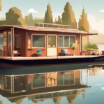 Create an image of a serene lakeside scene featuring a charming houseboat gently docked at the shore. The houseboat is beautifully designed, showcasing a c