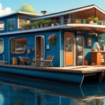 Create a detailed illustration of a person performing maintenance tasks on a houseboat. The scene should include a variety of tools and cleaning supplies,