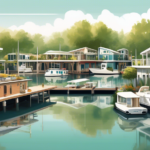 Create a detailed illustration of a serene marina with a variety of houseboats docked along the pier. Highlight different styles and sizes of houseboats to