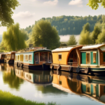 Create an image of an idyllic scene featuring a variety of houseboats moored along a serene river in Germany. The scene should showcase a range of houseboa