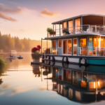 Create an image of a calm and serene houseboat community on a tranquil lake during sunrise. Some houseboats have charming and colorful exteriors, with smal