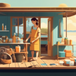 Create an image of a person on a houseboat, cleaning its surfaces with various tools and products. The scene should depict a sunny day with the houseboat d