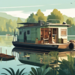 A detailed illustration of a scene on a tranquil lake where a person is repairing a houseboat. The background shows a serene environment with lush greenery