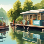 Create an illustration depicting a picturesque scene of a houseboat service station on a calm river. The image should include a skilled technician performi