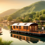 Create an image depicting a scenic view of a houseboat peacefully docked on a calm river during sunrise. The houseboat is equipped with modern amenities an