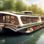 Create an image depicting a bustling scene on a picturesque canal where modern, eco-friendly houseboats are being seamlessly transported and maneuvered by