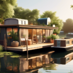 Create an image depicting a serene scene of a houseboat for sale on a tranquil river, surrounded by lush greenery and gentle reflections in the water. The