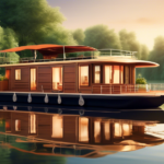 Create an image of a serene and beautifully detailed houseboat floating on a calm river. The houseboat is elegantly designed, showcasing modern amenities a