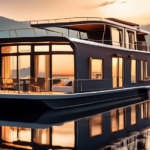 Create an image of a beautifully furnished houseboat on a serene lake at sunrise. The interior of the houseboat should be fully equipped with modern amenit