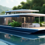 Create an image of a sleek and modern catamaran houseboat gently floating on a serene, blue river. The houseboat has large glass windows and a spacious dec