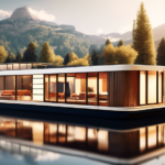 Create an image of a scenic lakeside view featuring a houseboat specifically designed for housing motorboats. The houseboat should be modern and stylish wi