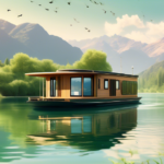 Create an image of a serene scene depicting a modern houseboat gently gliding through a lush, green river landscape. The houseboat is equipped with large w