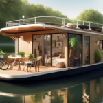 Create an image of a picturesque scene featuring a modern houseboat designed for cycling enthusiasts. The houseboat is docked alongside a serene riverbank,