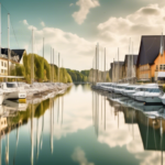 Create an image of a serene marina in Germany that serves as the perfect mooring spot for sailboats. The scene includes a picturesque view of lush green la