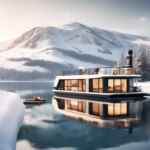 Create an image of a modern, luxurious houseboat designed specifically for ski trips, floating on a serene, snow-covered mountain lake. The houseboat shoul