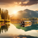 Create an image of a picturesque houseboat floating on a serene lake with vibrant reflections of the surrounding forest and mountains. The scene should cap