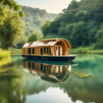 A serene and scenic image of a charming houseboat gently floating on a tranquil river surrounded by lush green landscapes. The houseboat is designed for ou