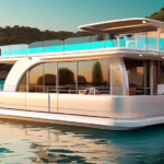 Create an image of a luxurious, modern houseboat available for yacht charter nestled in a serene, picturesque bay. The houseboat should have sleek, contemp