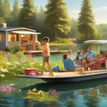 Create an image of a serene summer scene where a family enjoys a houseboat adventure on a tranquil lake. The houseboat is anchored near a lush, green shore