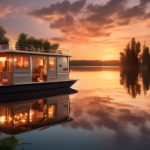 Create an image that captures the essence of living and vacationing on a houseboat, showcasing the tranquility and allure of houseboat life. The scene incl