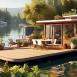 Create an image depicting a serene lakeside scene where a modern, stylish houseboat is anchored. The houseboat should feature large windows, a spacious dec