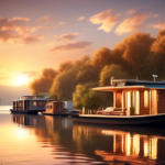 Create an image of a serene lakeside scene showcasing a variety of houseboats anchored at a dock. The houseboats should range in style from luxurious moder