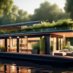 Create an image of a modern and stylish houseboat floating on a calm river, surrounded by lush greenery. The houseboat should showcase various customizatio