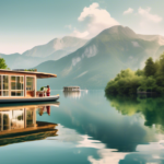 Create an image of a picturesque scene featuring a modern houseboat floating on a calm lake, surrounded by lush greenery and mountains in the background. O