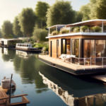 Create an image of a serene waterfront scene featuring a variety of modern and stylish houseboats. Imagine a picturesque setting with a calm, reflective wa