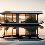 Create an image of a serene lake at sunrise, featuring a charming, modern houseboat gently floating on the water. The houseboat is designed with sleek, con