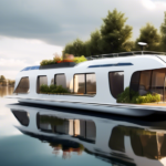 A futuristic and innovative houseboat design floating peacefully on a serene lake. The houseboat features sleek, modern architecture with large glass windo