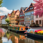 An image of a serene canal in Germany, showcasing a cozy houseboat nestled along the water's edge. The boat is adorned with colorful flower pots and solar