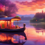 Create an image of a serene and picturesque scene featuring a cozy houseboat floating on a calm river at sunset. The boat is surrounded by lush greenery wi