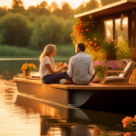 A serene scene featuring a couple sitting on the deck of a charming, modern houseboat, moored in a peaceful river surrounded by lush greenery and vibrant f