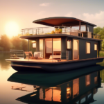 Create an image of a serene scene featuring a beautifully designed houseboat gently floating on a calm lake surrounded by lush greenery. The houseboat, equ