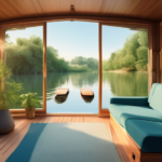 Create an image of a serene houseboat floating on a calm river surrounded by lush greenery and a clear blue sky. The scene captures a peaceful morning, wit