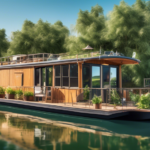 Create an image of a picturesque houseboat floating on a serene lake, surrounded by lush greenery and a clear blue sky. The houseboat is stylishly designed