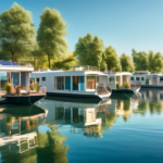 A serene marina setting with a variety of houseboats lined up under a clear blue sky. Each houseboat has different designs and features such as solar panel