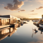 Create an image of a serene marina filled with a variety of houseboats, some modern and sleek, others rustic and charming. In the foreground, a couple is e