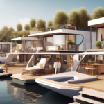 Create an image of a serene marina scene featuring a variety of modern houseboats for sale. The setting is a beautiful, calm waterfront with clear skies an