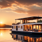 Create an image of a luxurious and cozy houseboat floating peacefully on a pristine lake during sunset. The houseboat should have modern, stylish interiors