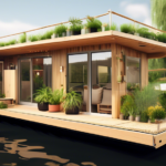 Create an image depicting a sustainable lifestyle scene on a modern houseboat. The houseboat is stylishly designed with large windows and a sleek, eco-frie