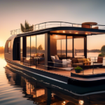 Create an image that shows a luxurious, modern houseboat floating peacefully on a serene lake amidst a backdrop of a vibrant sunrise. The houseboat is desi