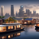 Create an image showcasing a variety of modern and traditional houseboats, each floating on a calm river. In the background, a bustling city skyline is vis