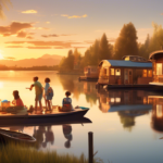 Create an image of a serene lake scene at sunset with various houseboats peacefully anchored along the shoreline, each uniquely designed to reflect differe