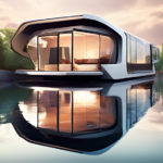 Create an image showcasing a futuristic houseboat on a serene lake. The houseboat should feature sleek, modern design elements such as solar panels, glass