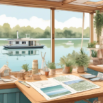 Create an illustration of a serene and picturesque scene featuring a family planning their dream houseboat. Include a table on a sunny deck with blueprints